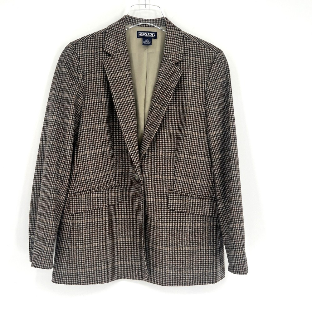Vtg Lands End Blazer Womens 10 Houndstooth Wool Cashmere Preppy Career